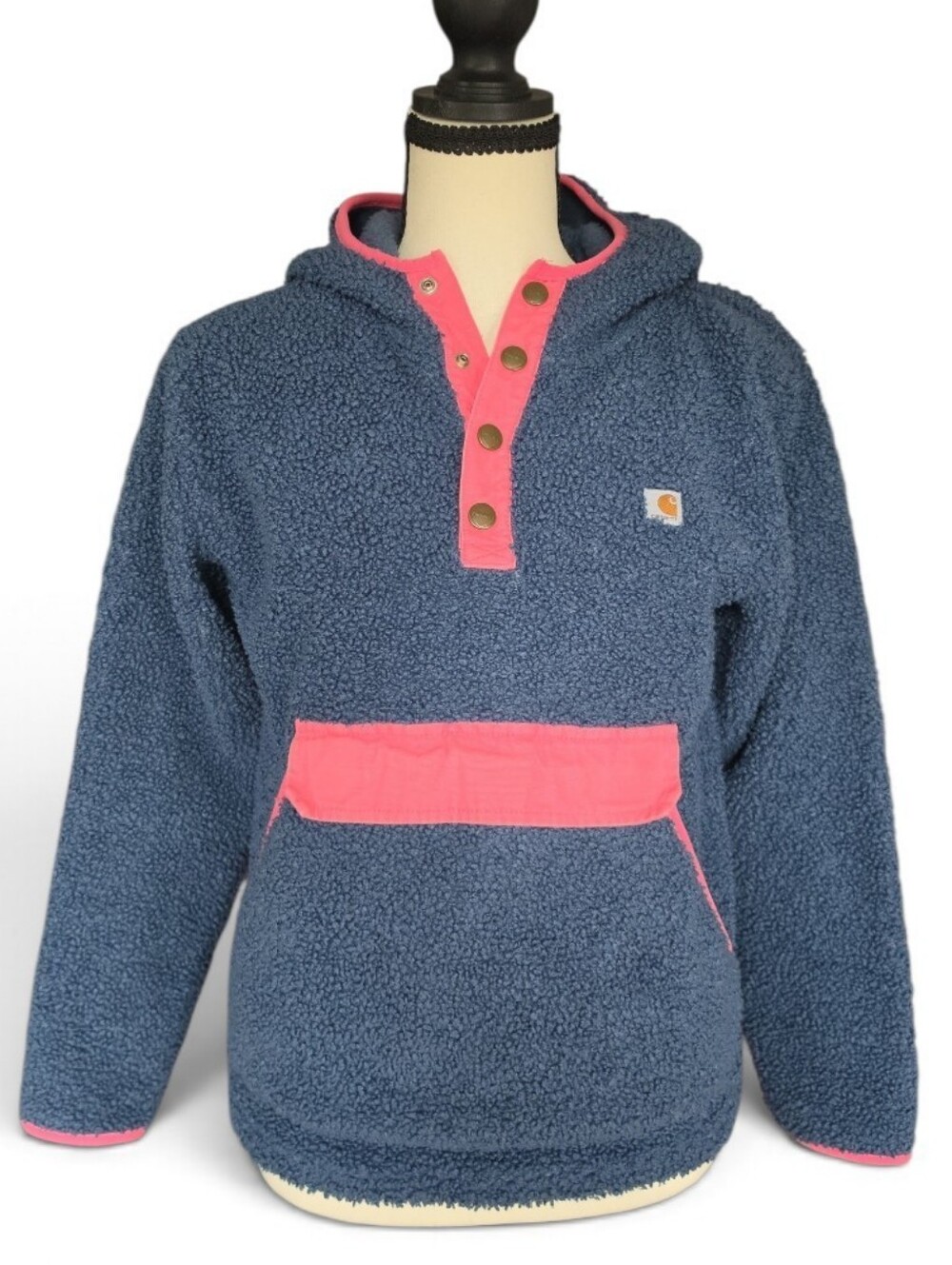 Carhartt Kids Navy Sherpa Hoodie with Pink Trim